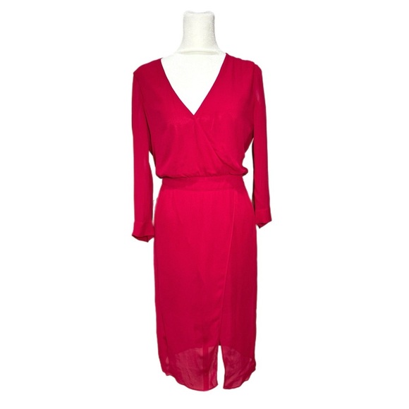 NWT Bebe Womens Raspberry Pink Chiffon Faux Wrap Midi Dress 3/4 Sleeve Size 4 - Picture 4 of 16